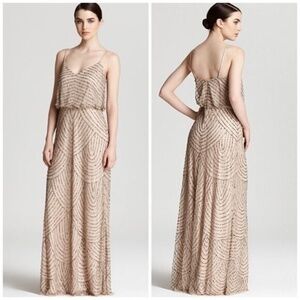 Adrianna Papell Art Deco Beaded Blouson Gown Maxi Dress Nude Blush Sequins 10